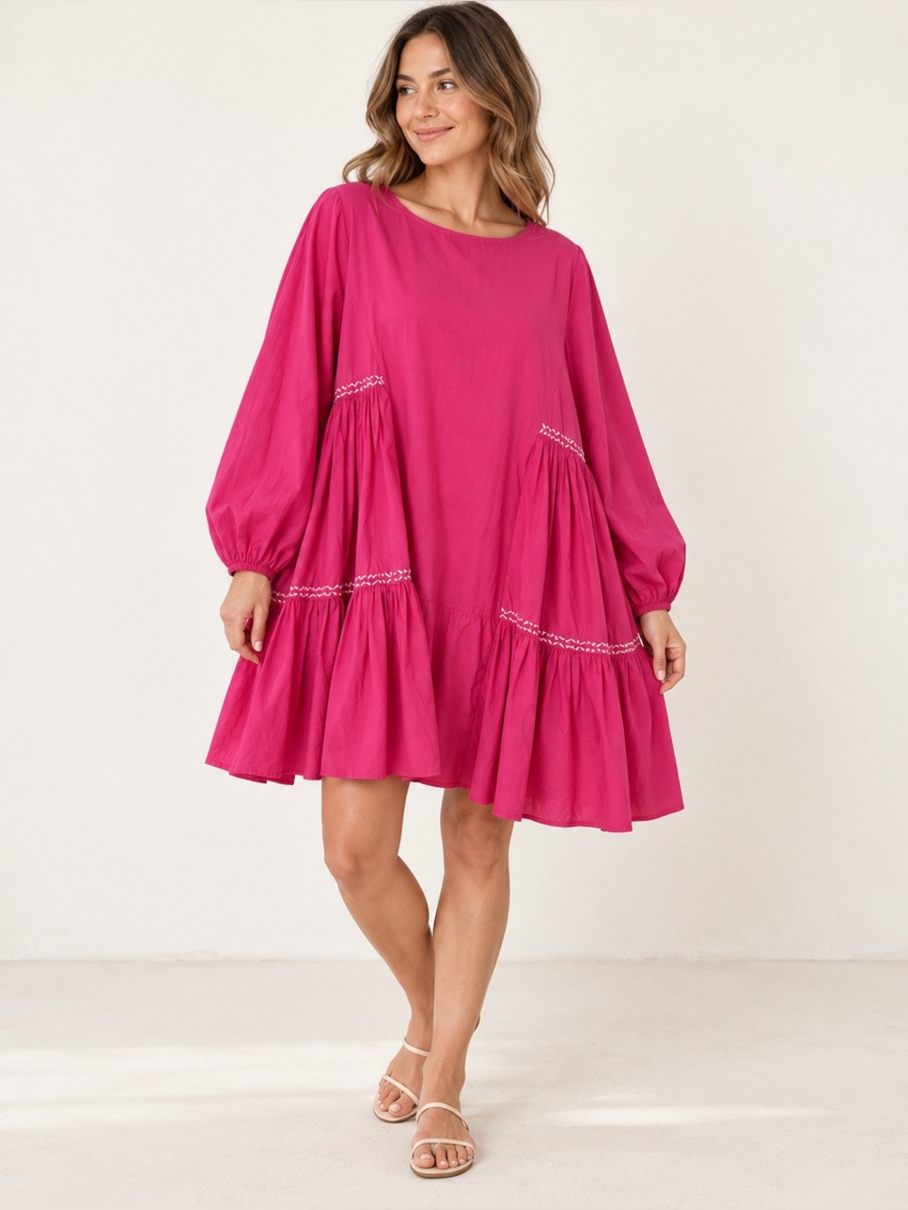 Merlette Sering Hot Pink Tiered Cotton Mini Dress Women’s Small Embroidered